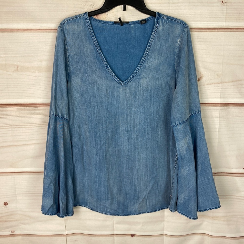 Scotch & Soda Top Womens 2 US 6 Blue Chambray Blouse V-Neck Bell Sleeve Pullover